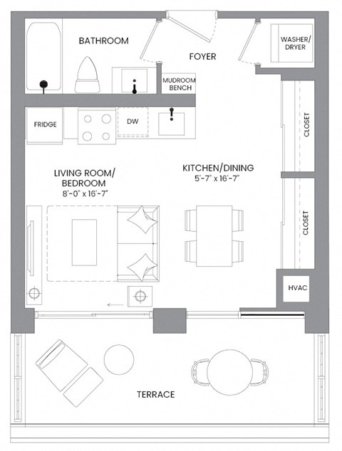 a floor plan of a small house with a bedroom and a bathroom